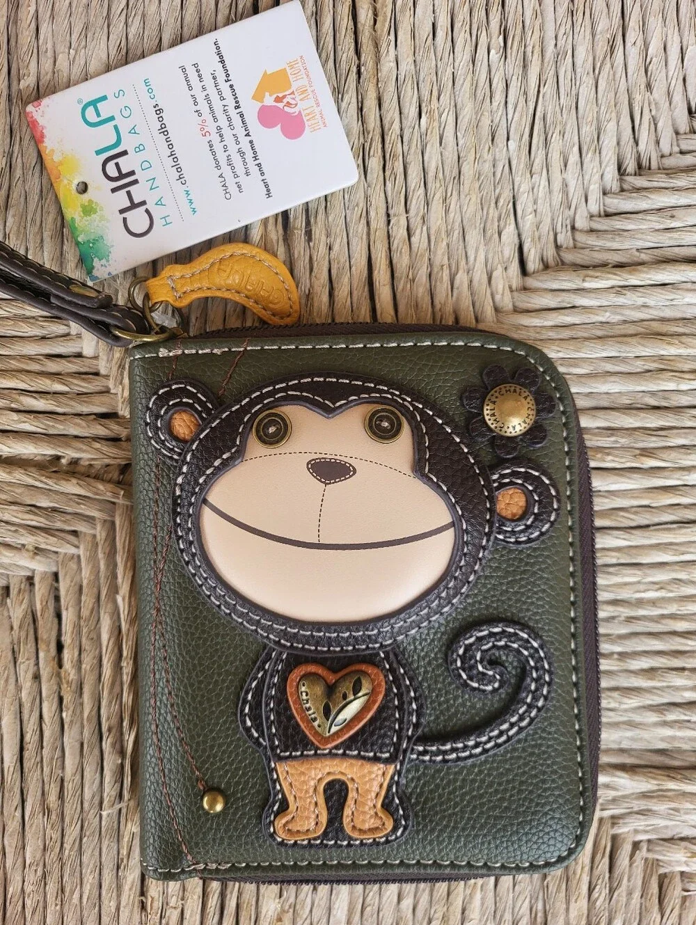 CHALA Monkey Wallet Vegan Leather, Zip Around. Olive